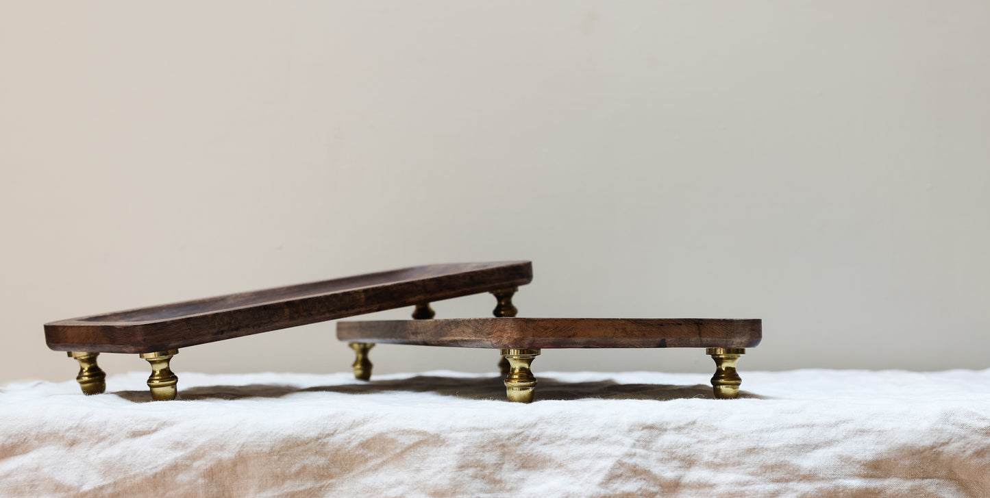 Wood serving trays with gold feet (set of 2)