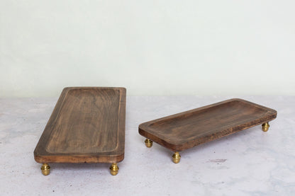 Wood serving trays with gold feet (set of 2)