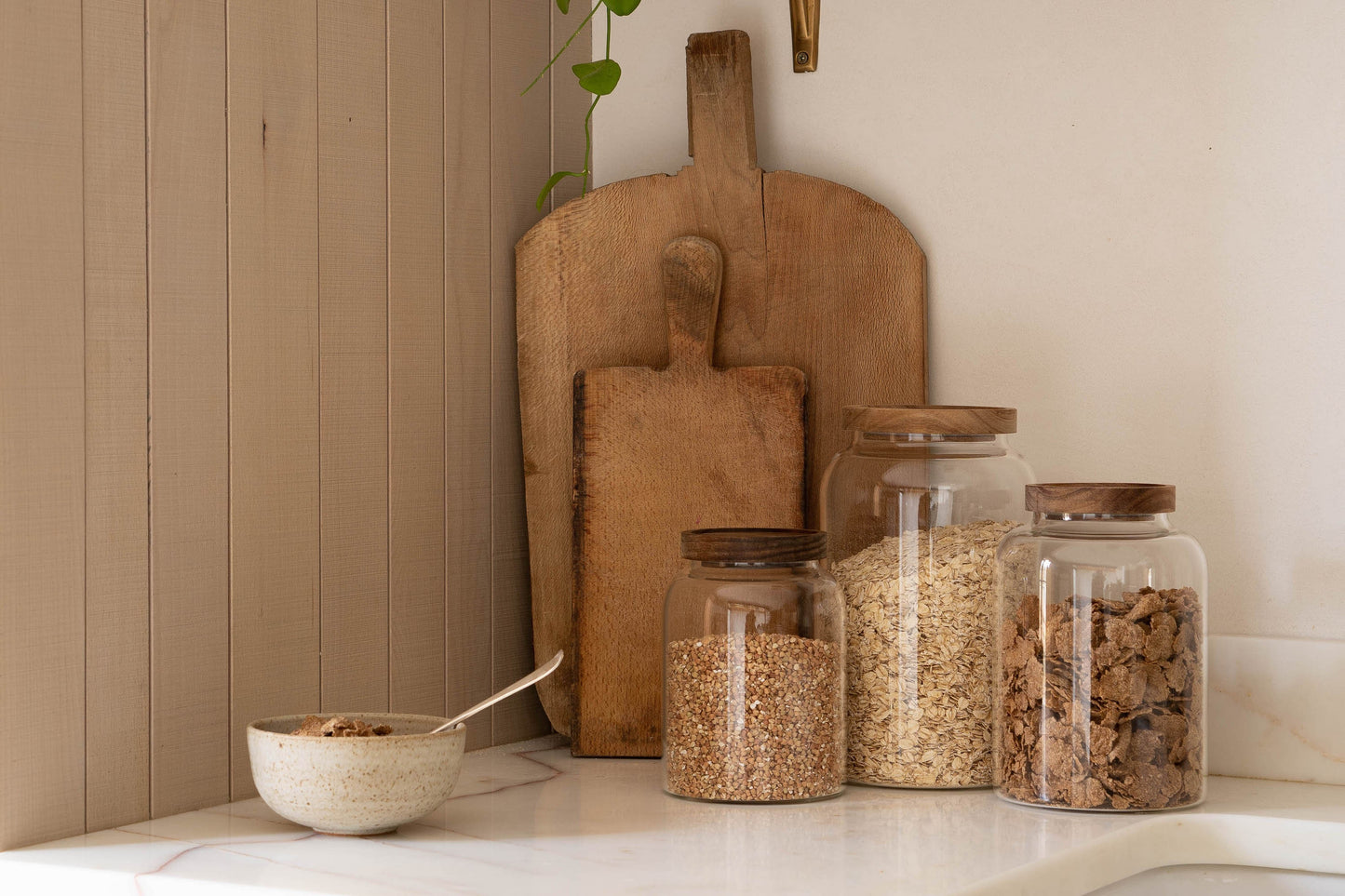 Large glass storage jars with wooden lids / Pantry jars / Kitchen storage